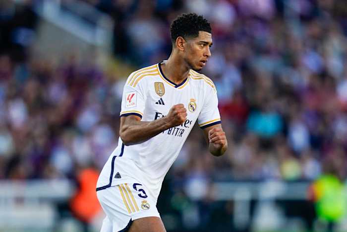 Jude Bellingham pictured celebrating after scoring for Real Madrid against Barcelona in his first ever Clasico in October 2023